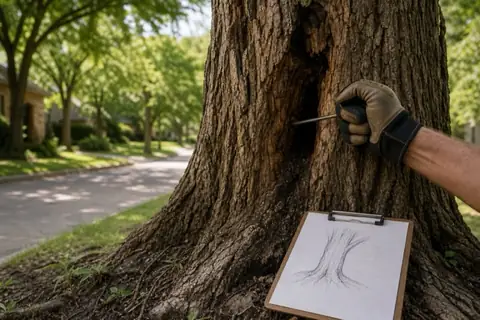 Gloved hand pressing a probe into a hollow-sounding trunk cavity of an old cedar elm with a plain sketch diagram resting on the root flare