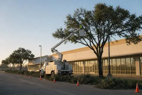 Bucket truck raising live oak canopies clear of parking lot lighting along a suburban retail frontage at dawn with cone line and neat brush stacks