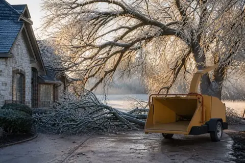 Morning after a North Texas ice storm with every branch glazed, an ice-snapped bur oak limb across a driveway and an unbranded chipper staged nearby