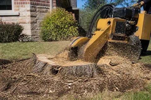 Stump grinder wheel cutting into a wide pecan stump on dark clay lawn with chip spray arcing and a ring of fresh grindings around the cut