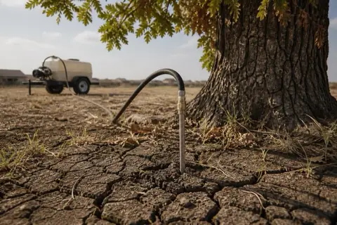 Deep-root feeding probe sunk into drought-cracked Blackland clay at the dripline of a stressed post oak with a hose running to a small tank rig