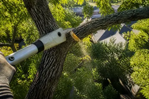 Gloved hand and pole saw making a clean branch-collar cut on deadwood inside a cedar elm canopy, subdivision rooflines soft in the background